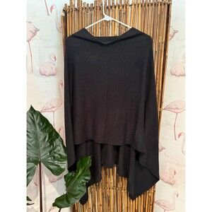 Vintage Black Knit Asymmetrical Poncho Shawl Wrap Coverup One Size